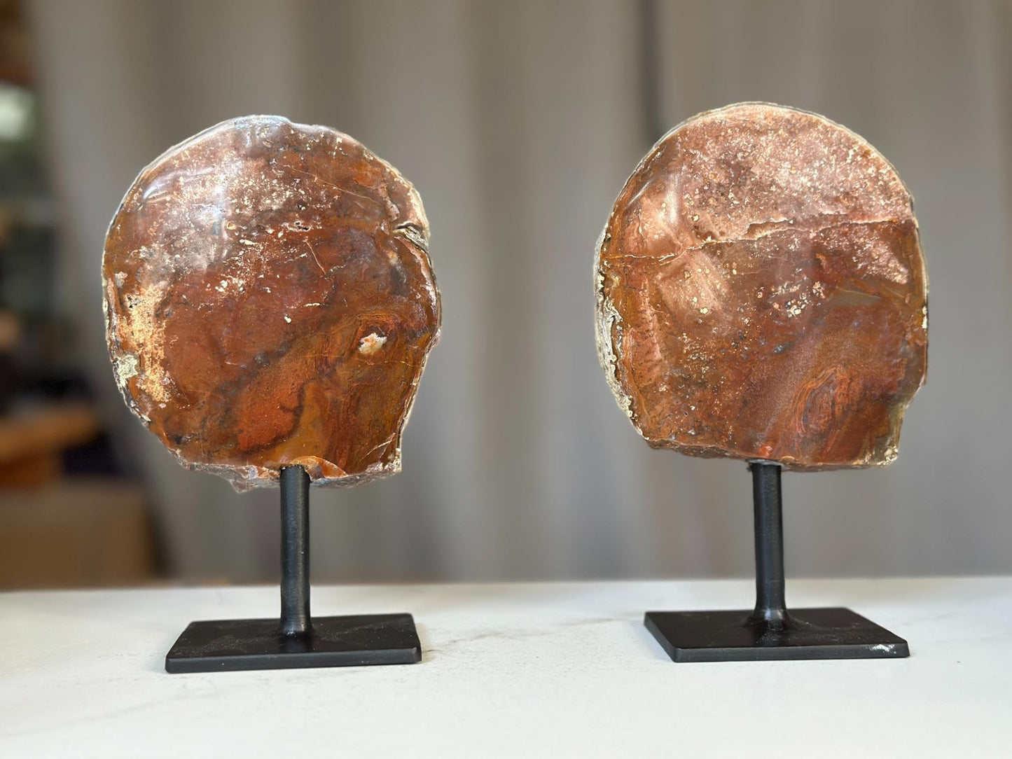 Red Jasper Slice on Stand SET, 7 in Tall Crystals in metallic base, Unique home decoration, rare finds mineral formations