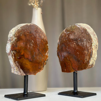 Red Jasper Slice on Stand SET, 7 in Tall Crystals in metallic base, Unique home decoration, rare finds mineral formations
