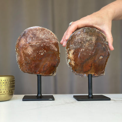 Red Jasper Slice on Stand SET, 7 in Tall Crystals in metallic base, Unique home decoration, rare finds mineral formations
