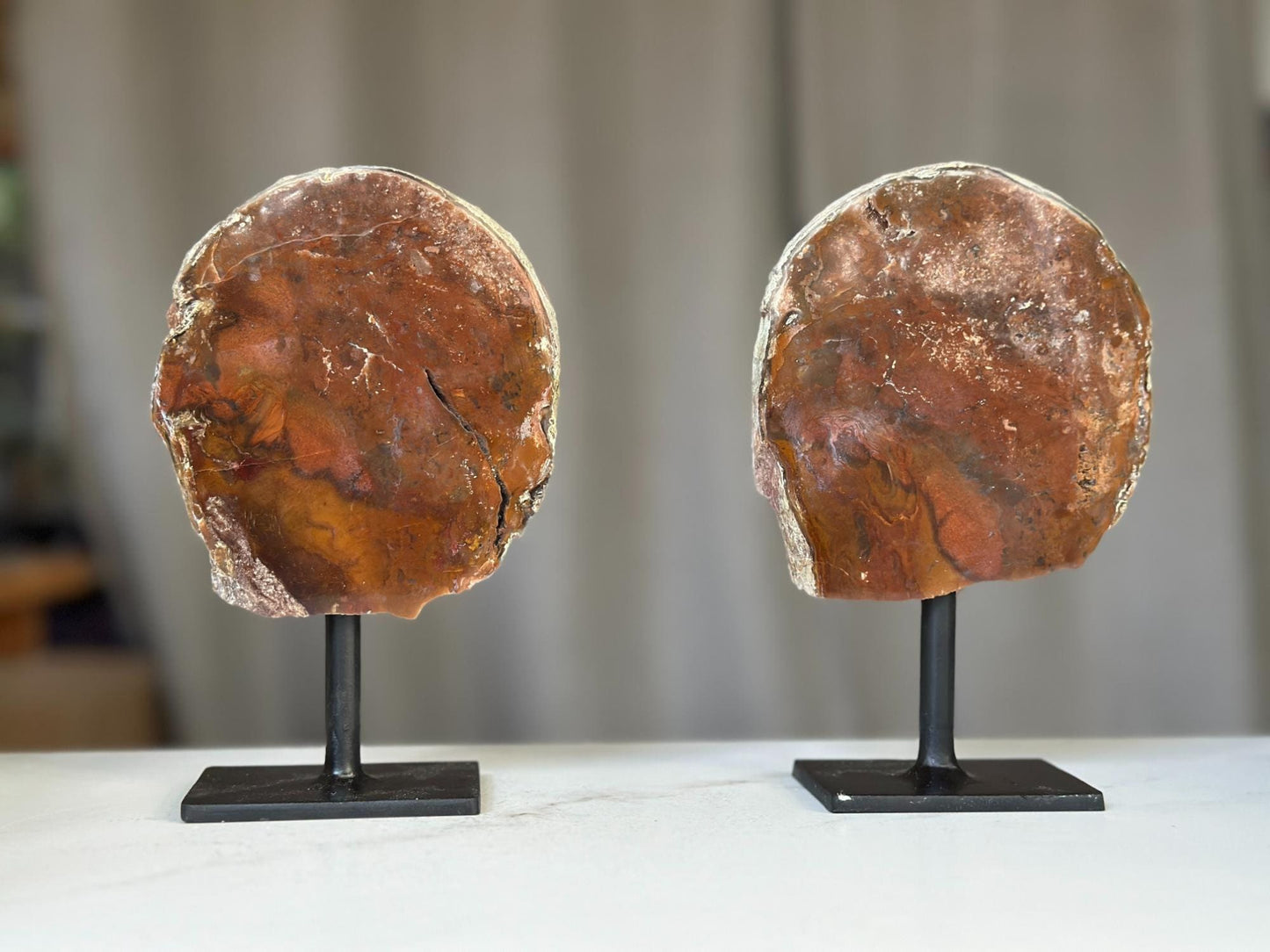 Red Jasper Slice on Stand SET, 7 in Tall Crystals in metallic base, Unique home decoration, rare finds mineral formations