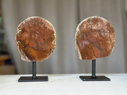 Red Jasper Slice on Stand SET, 7 in Tall Crystals in metallic base, Unique home decoration, rare finds mineral formations