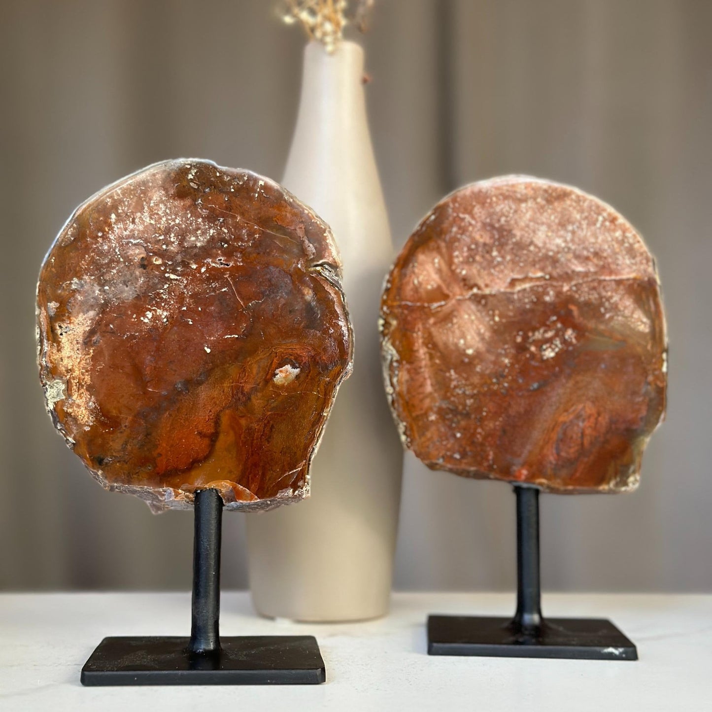 Red Jasper Slice on Stand SET, 7 in Tall Crystals in metallic base, Unique home decoration, rare finds mineral formations