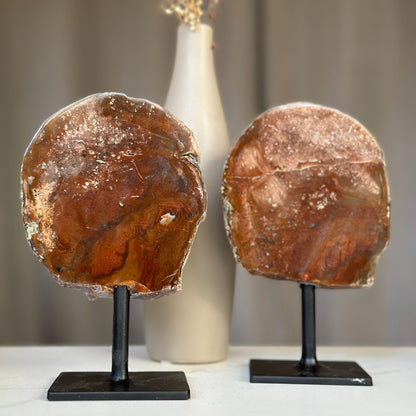 Red Jasper Slice on Stand SET, 7 in Tall Crystals in metallic base, Unique home decoration, rare finds mineral formations