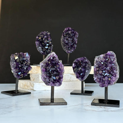 Amethyst on Stand SET, 4 in Crystals with metallic base, Unique home decoration, mineral formations, perfect gift for crystal lovers