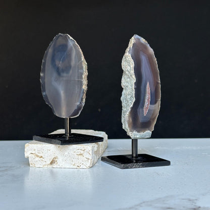 Agate Slice SET on Stand, Rare Mineral Finds with metallic base, Small mini display Agate Crystals, Perfect Gift for desk and night stand