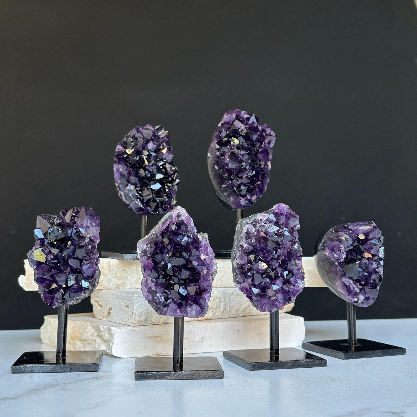 Amethyst on Stand SET, 4 in Crystals with metallic base, Unique home decoration, mineral formations, perfect gift for crystal lovers