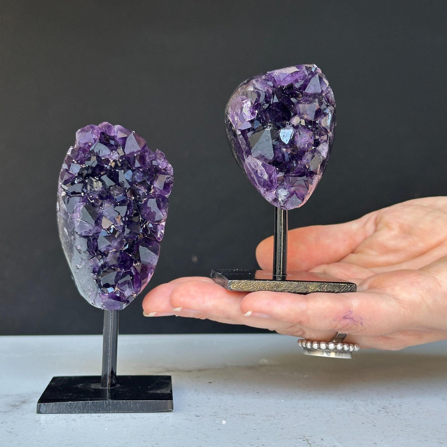 Amethyst on Stand SET, 4 in Crystals with metallic base, Unique home decoration, mineral formations, perfect gift for crystal lovers