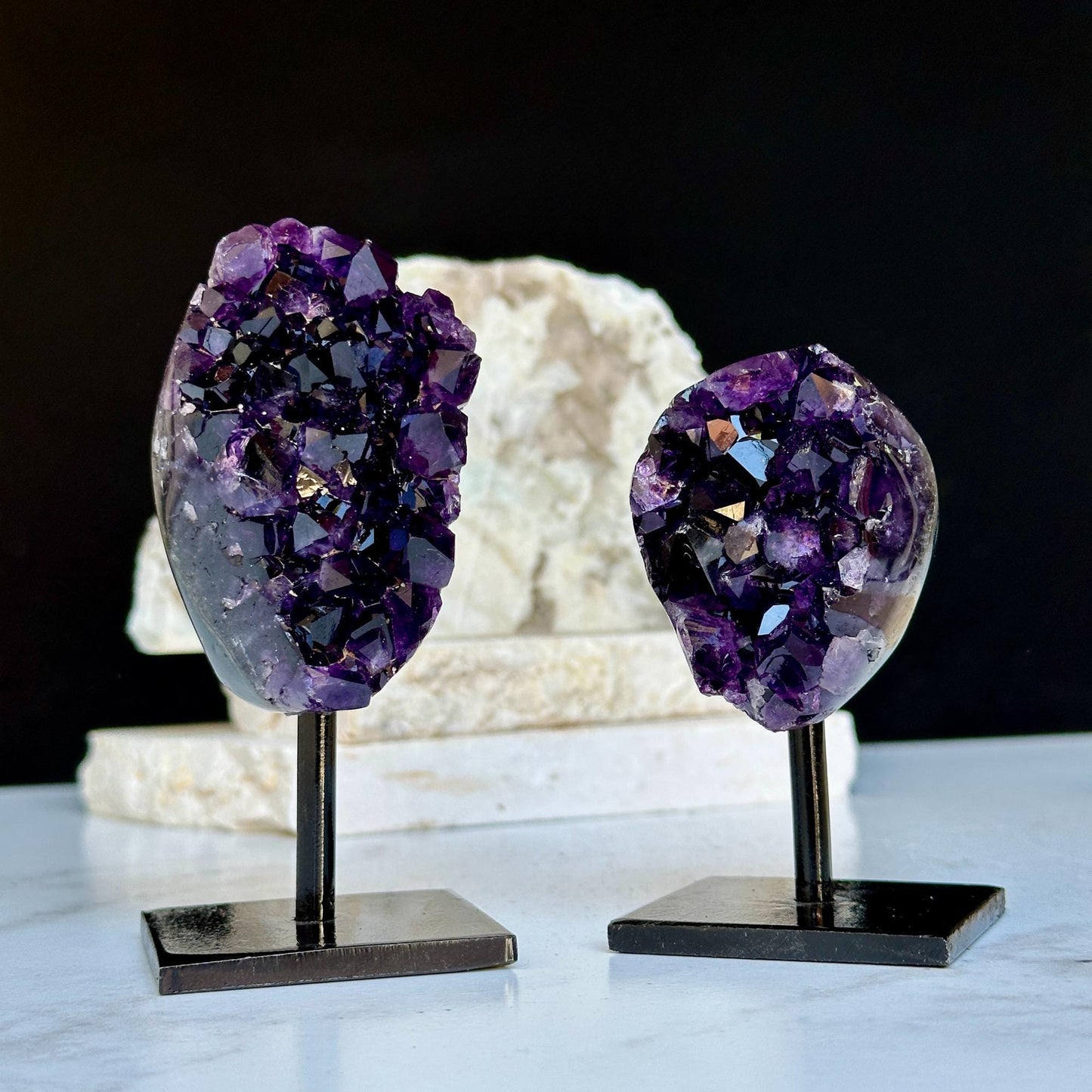 Amethyst on Stand SET, 4 in Crystals with metallic base, Unique home decoration, mineral formations, perfect gift for crystal lovers