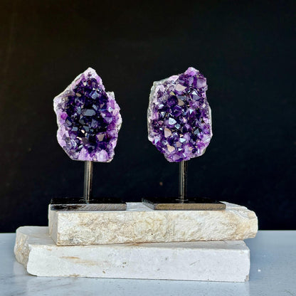 Amethyst on Stand SET, 4 in Crystals with metallic base, Unique home decoration, mineral formations, perfect gift for crystal lovers