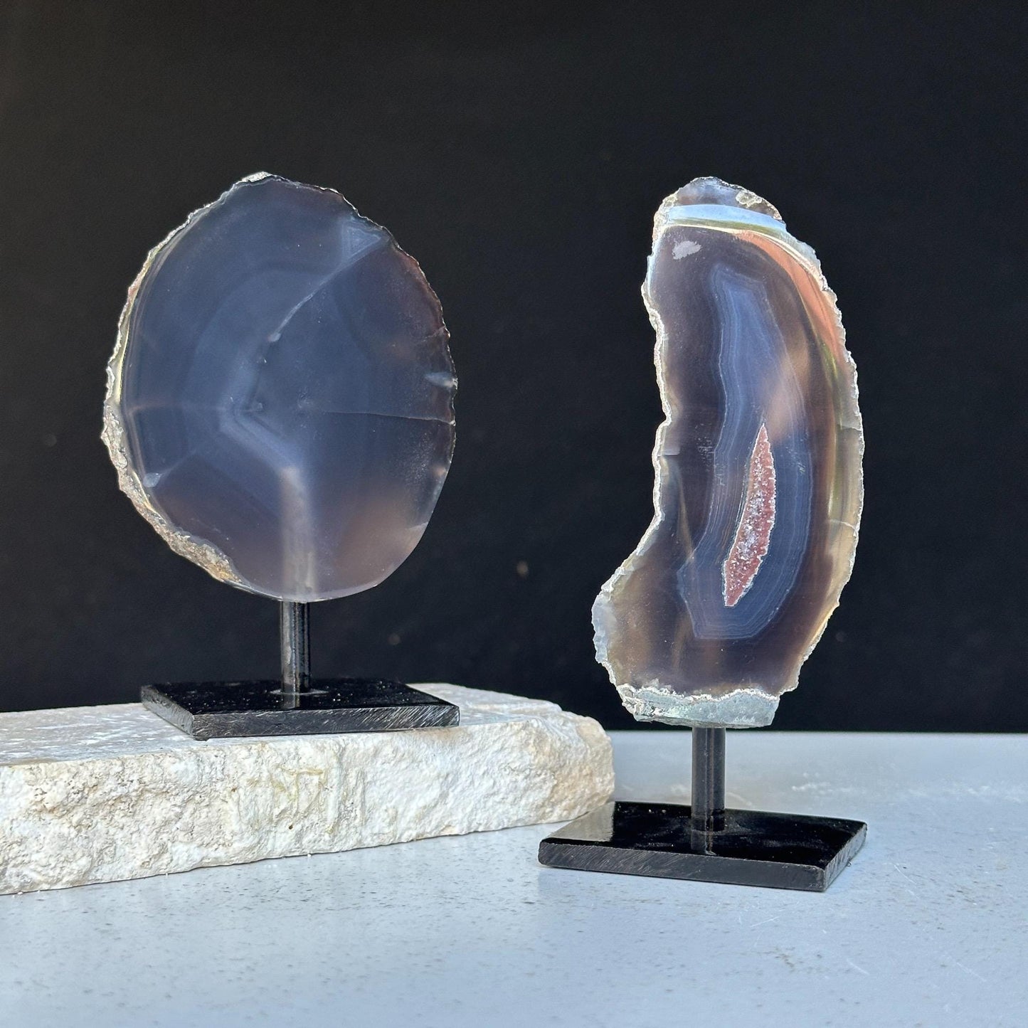 Agate Slice SET on Stand, Rare Mineral Finds with metallic base, Small mini display Agate Crystals, Perfect Gift for desk and night stand
