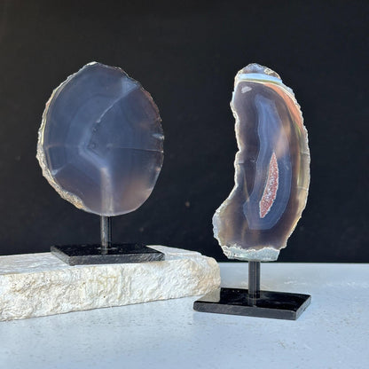 Agate Slice SET on Stand, Rare Mineral Finds with metallic base, Small mini display Agate Crystals, Perfect Gift for desk and night stand