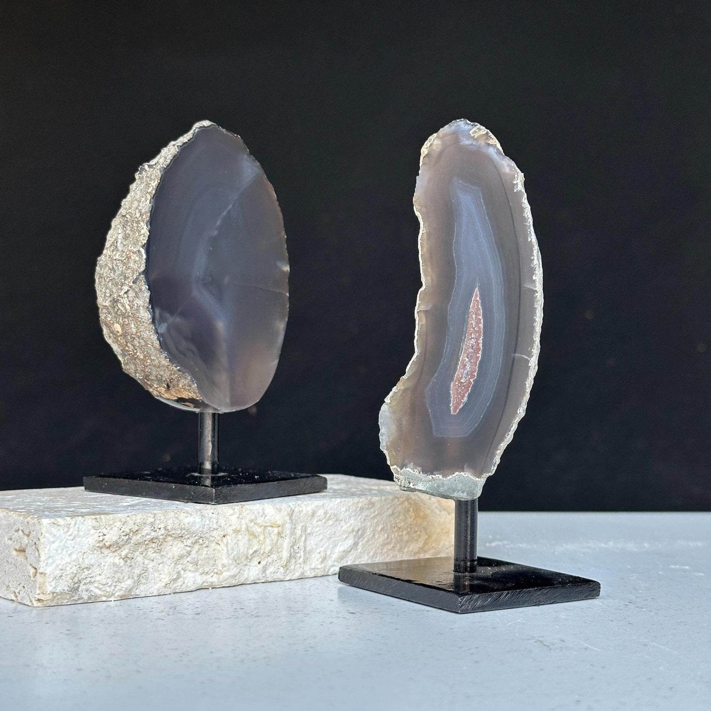 Agate Slice SET on Stand, Rare Mineral Finds with metallic base, Small mini display Agate Crystals, Perfect Gift for desk and night stand
