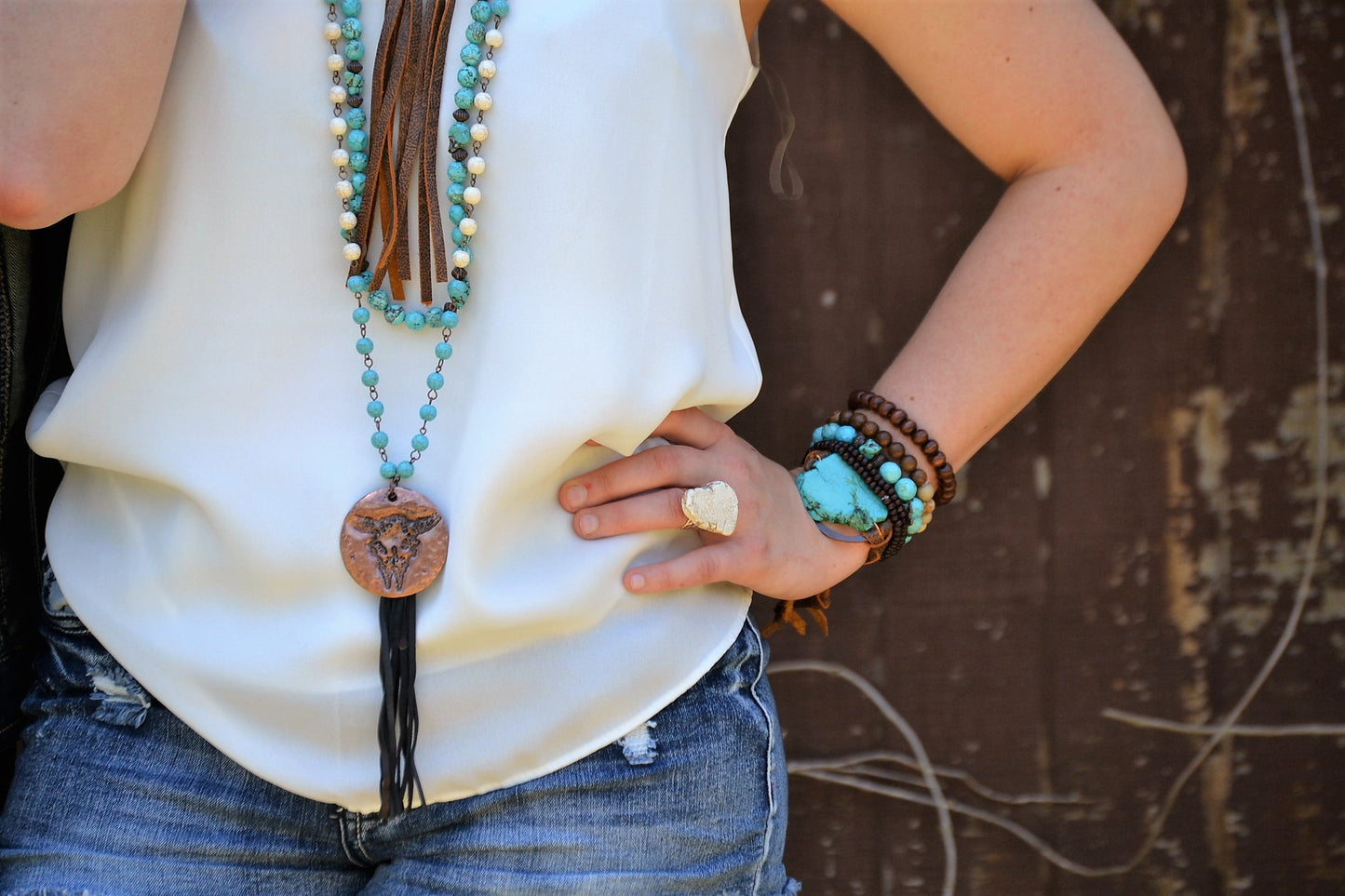 Turquoise Bracelet w/ Stone Slab & Adjustable Ties 010i