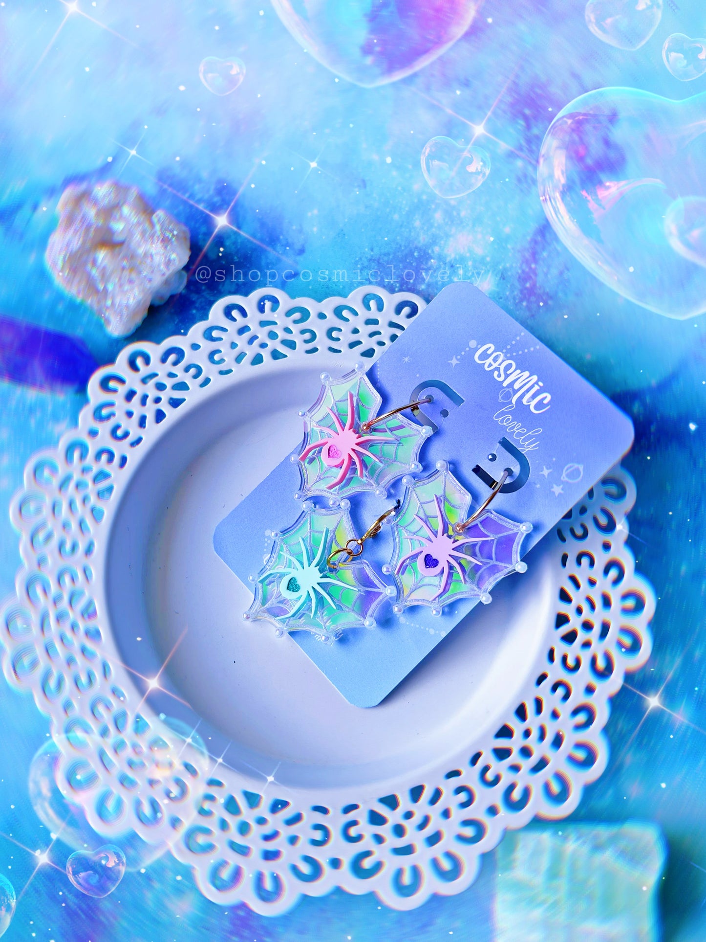 Iridescent Spider Heart Earrings