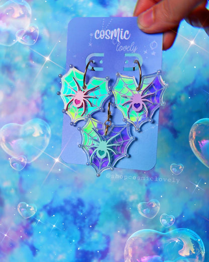 Iridescent Spider Heart Earrings