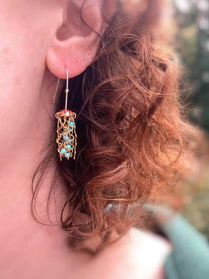 Mini Red Copper Jellyfish Earrings with Turquoise Beads and Sterling Silver Earwires
