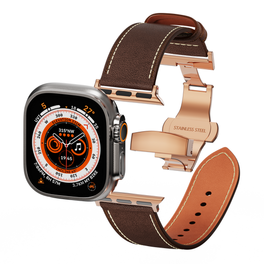 Genuine Leather Butterfly Clasp Band for Apple Watch,Rose Gold