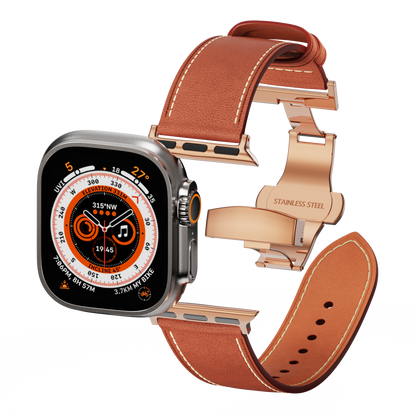 Genuine Leather Butterfly Clasp Band for Apple Watch,Rose Gold