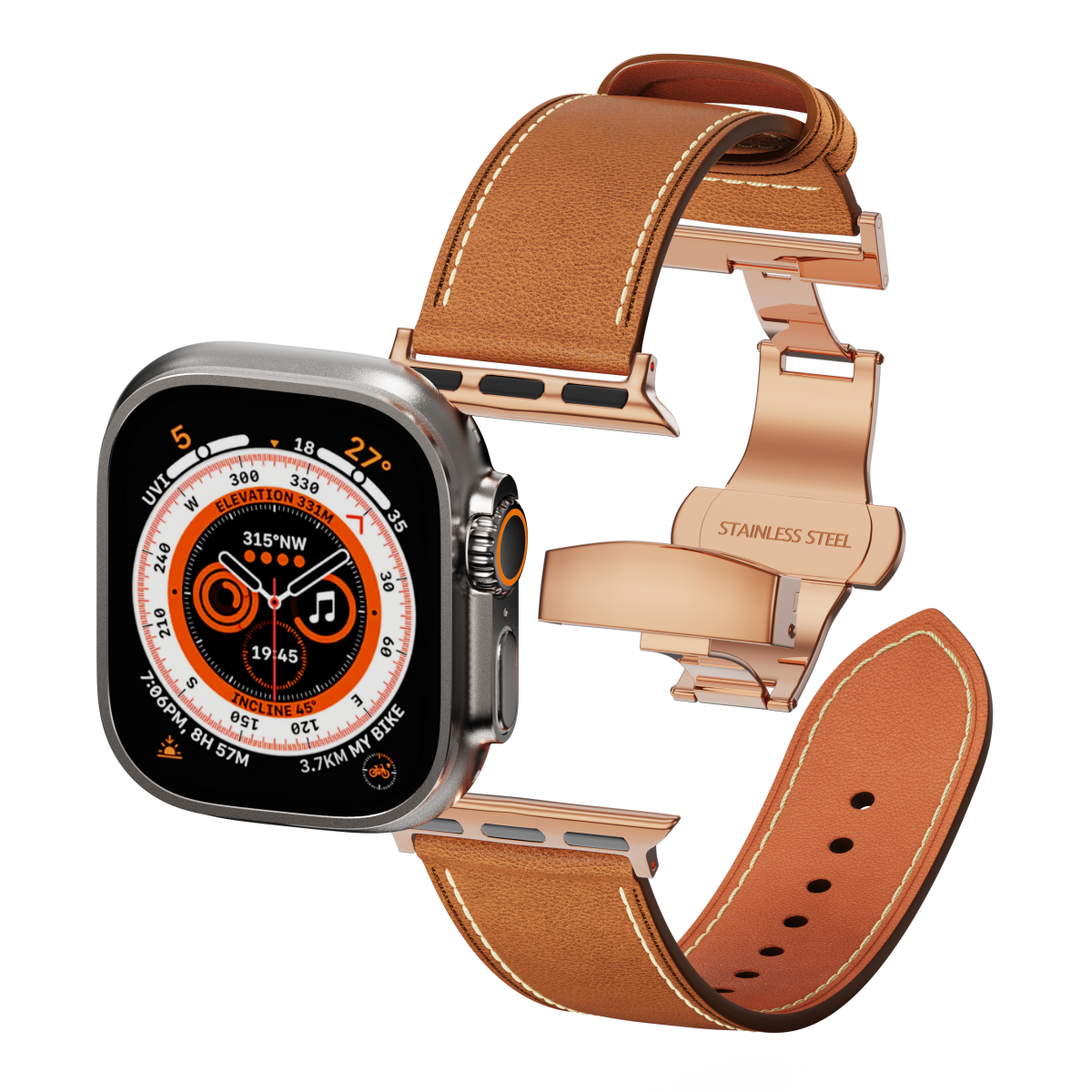 Genuine Leather Butterfly Clasp Band for Apple Watch,Rose Gold