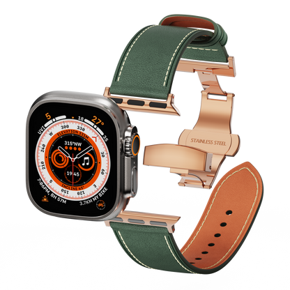 Genuine Leather Butterfly Clasp Band for Apple Watch,Rose Gold