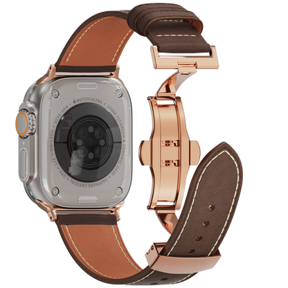 Genuine Leather Butterfly Clasp Band for Apple Watch,Rose Gold