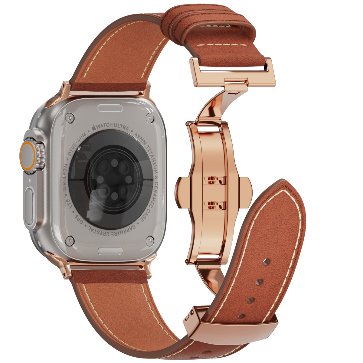 Genuine Leather Butterfly Clasp Band for Apple Watch,Rose Gold