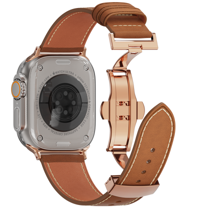 Genuine Leather Butterfly Clasp Band for Apple Watch,Rose Gold