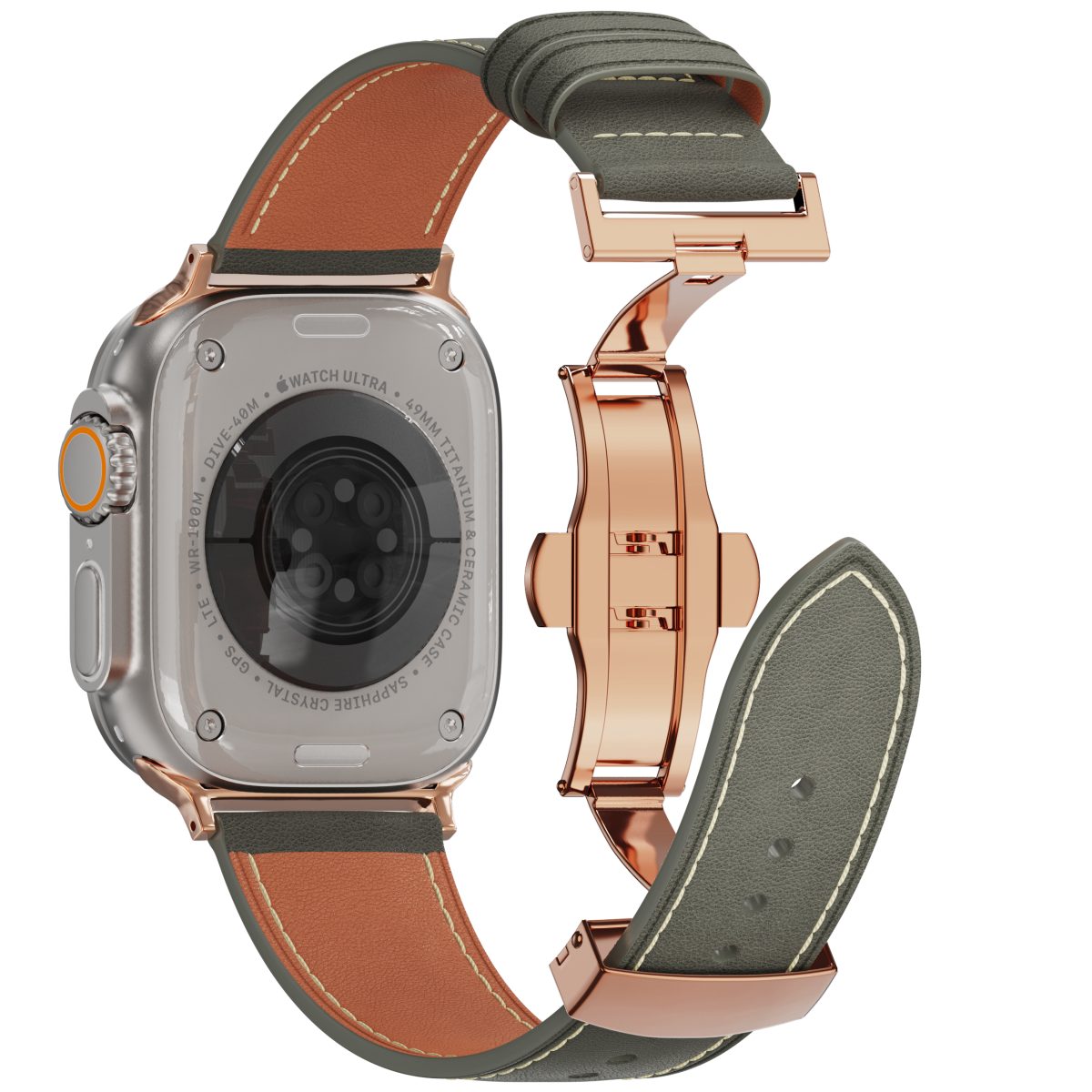 Genuine Leather Butterfly Clasp Band for Apple Watch,Rose Gold