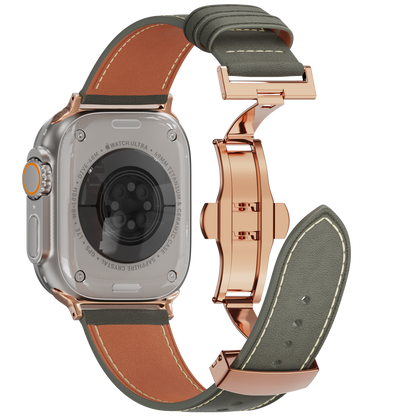 Genuine Leather Butterfly Clasp Band for Apple Watch,Rose Gold