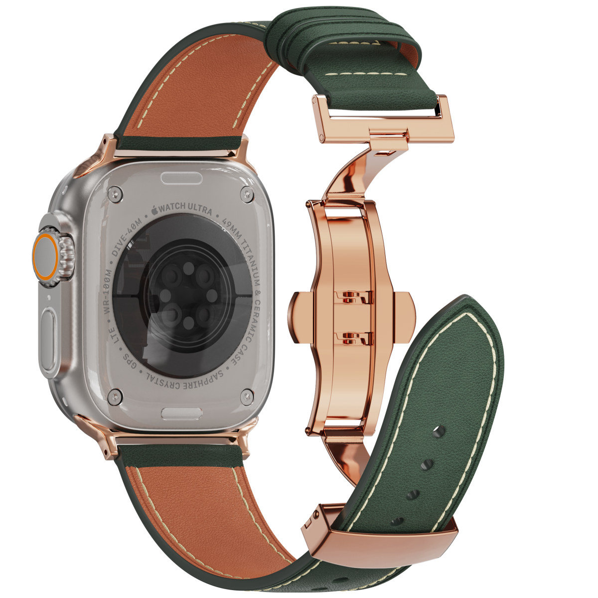 Genuine Leather Butterfly Clasp Band for Apple Watch,Rose Gold