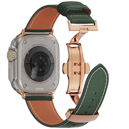 Genuine Leather Butterfly Clasp Band for Apple Watch,Rose Gold