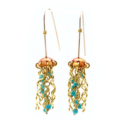 Mini Red Copper Jellyfish Earrings with Turquoise Beads and Sterling Silver Earwires