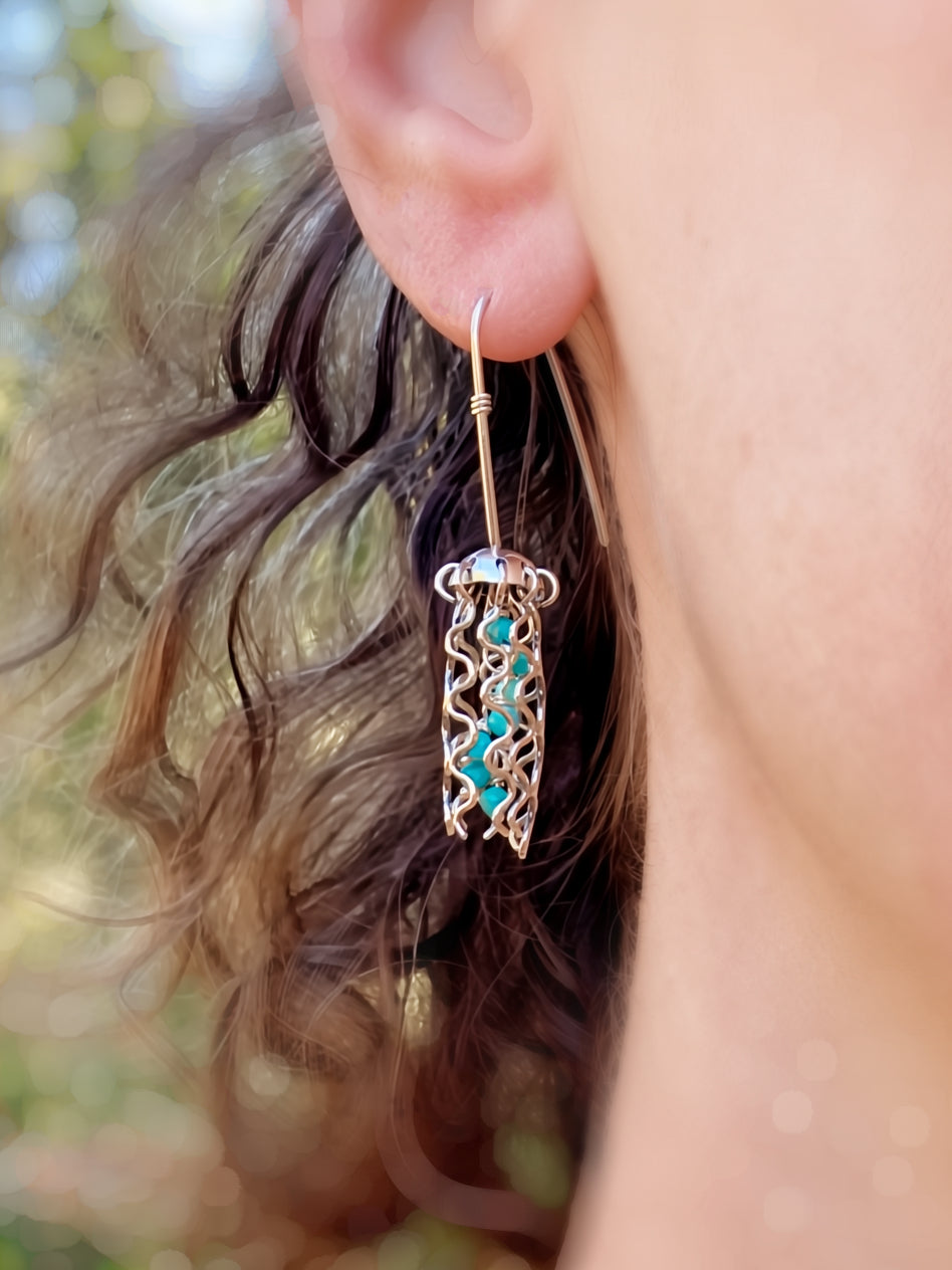 Mini Jellyfish Earrings in Sterling Silver with Turquoise Beads