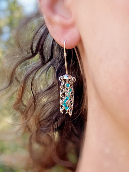 Mini Jellyfish Earrings in Sterling Silver with Turquoise Beads