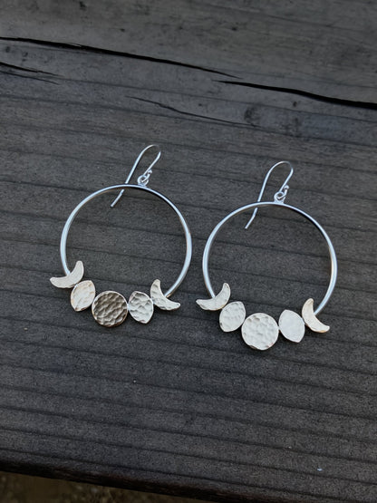 Moon Phase Hoop Earrings in Sterling Silver and Brass