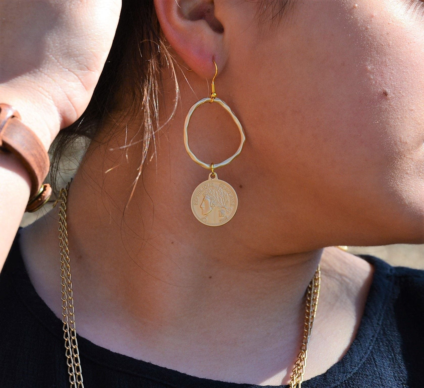 Matte Gold Hoop Earrings with Coin Dangle 203v