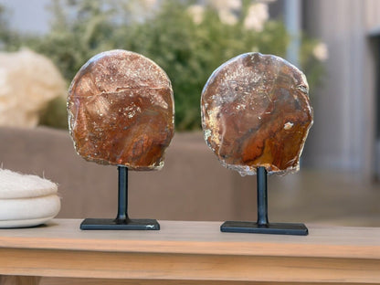 Red Jasper Slice on Stand SET, 7 in Tall Crystals in metallic base, Unique home decoration, rare finds mineral formations