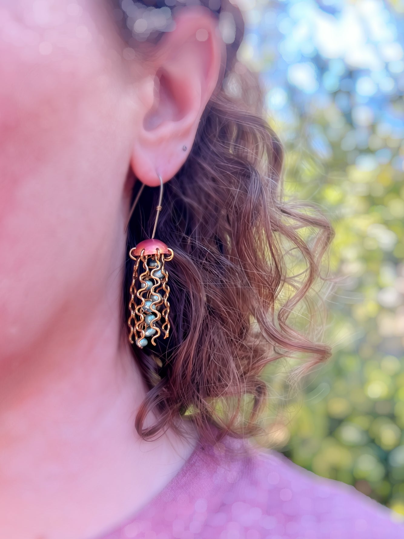 Red Copper Jellyfish Earrings with Green Pearls and Sterling Silver Earwires