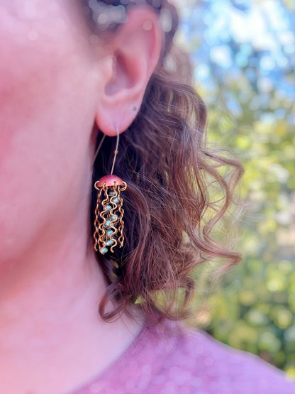 Red Copper Jellyfish Earrings with Green Pearls and Sterling Silver Earwires