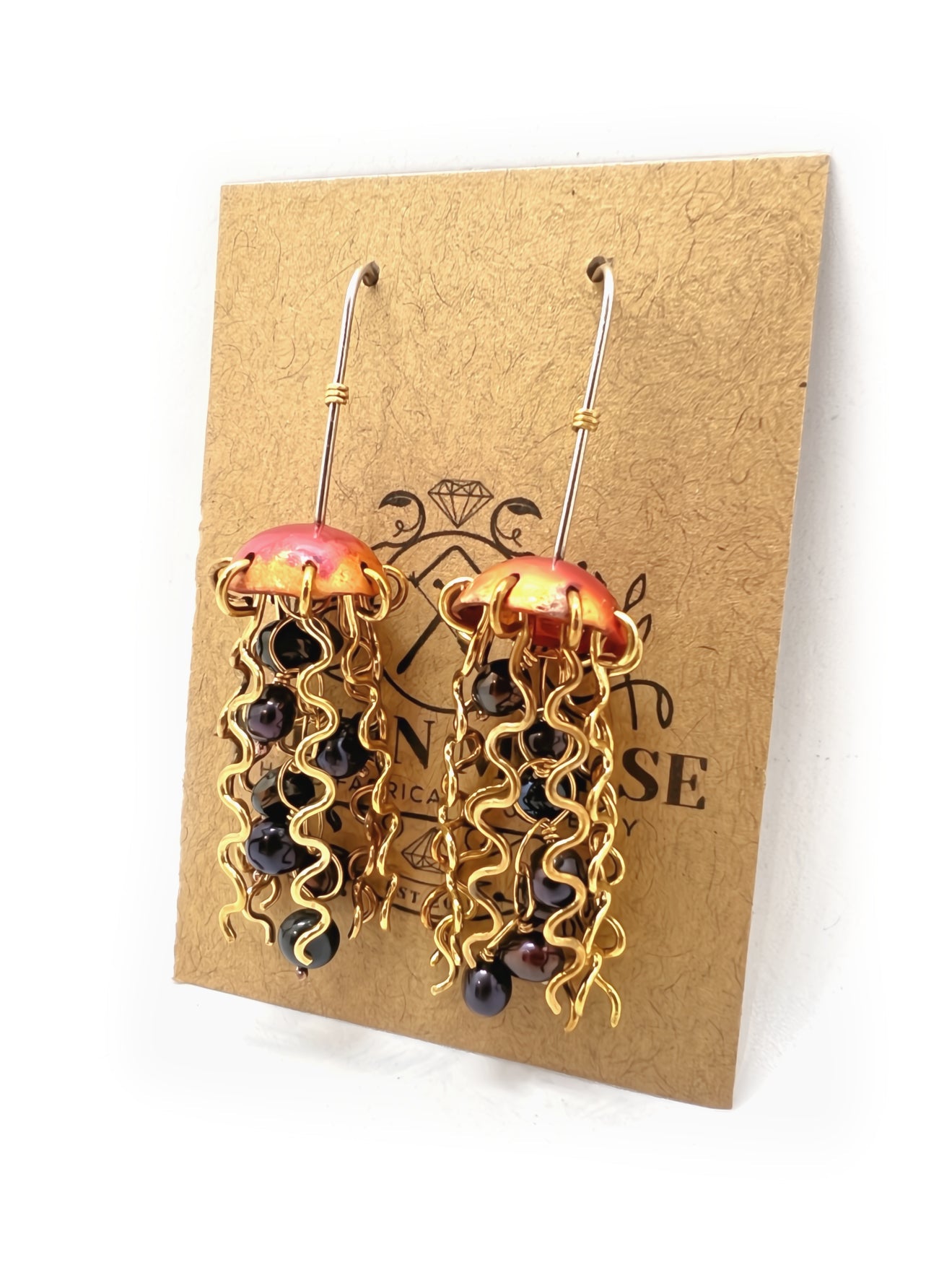Red Copper Jellyfish Earrings with Dark Pearls and Sterling Silver Earwires