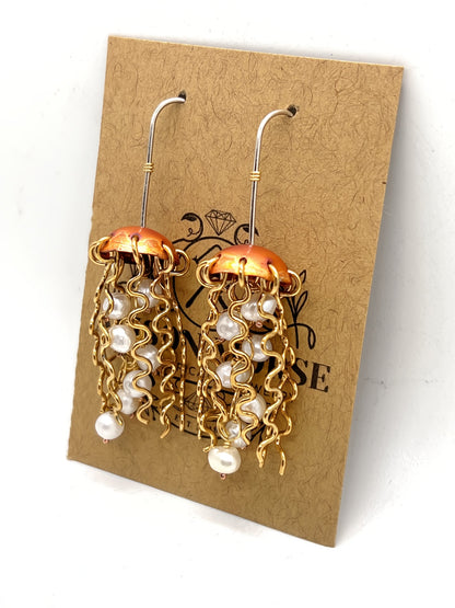 Red Copper Jellyfish Earrings with White Pearls and Sterling Silver Earwires