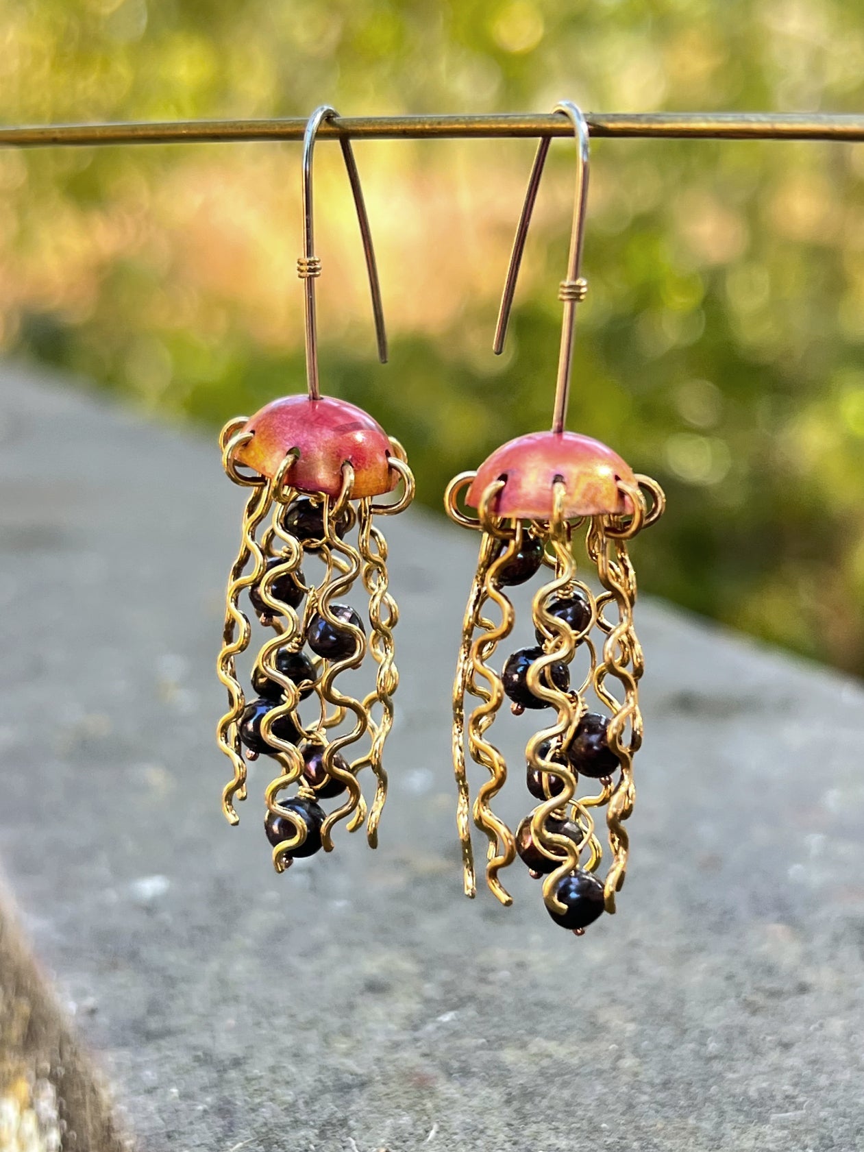Red Copper Jellyfish Earrings with Dark Pearls and Sterling Silver Earwires