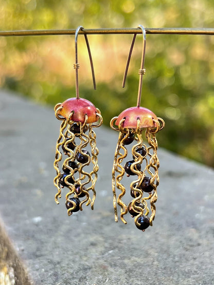 Red Copper Jellyfish Earrings with Dark Pearls and Sterling Silver Earwires