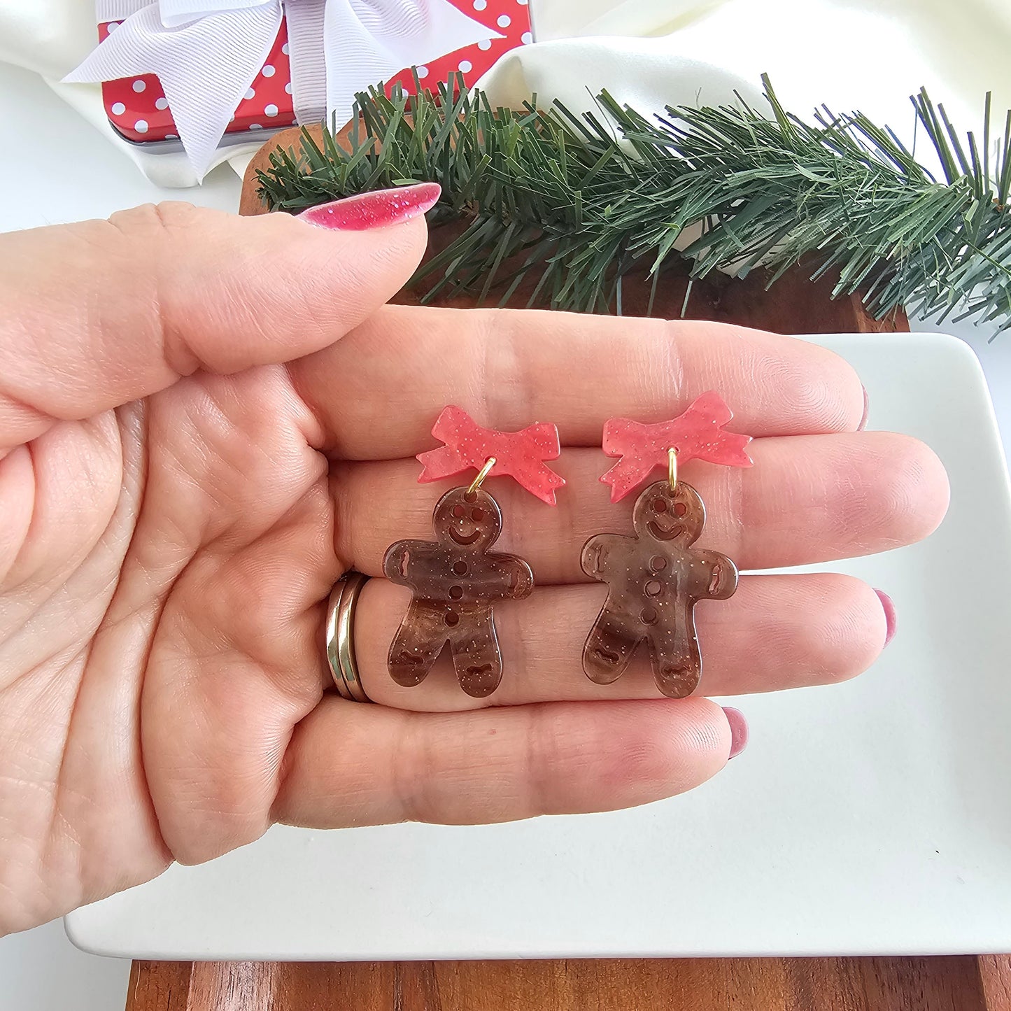 Bow Gingerbread Earrings - Red Shimmer
