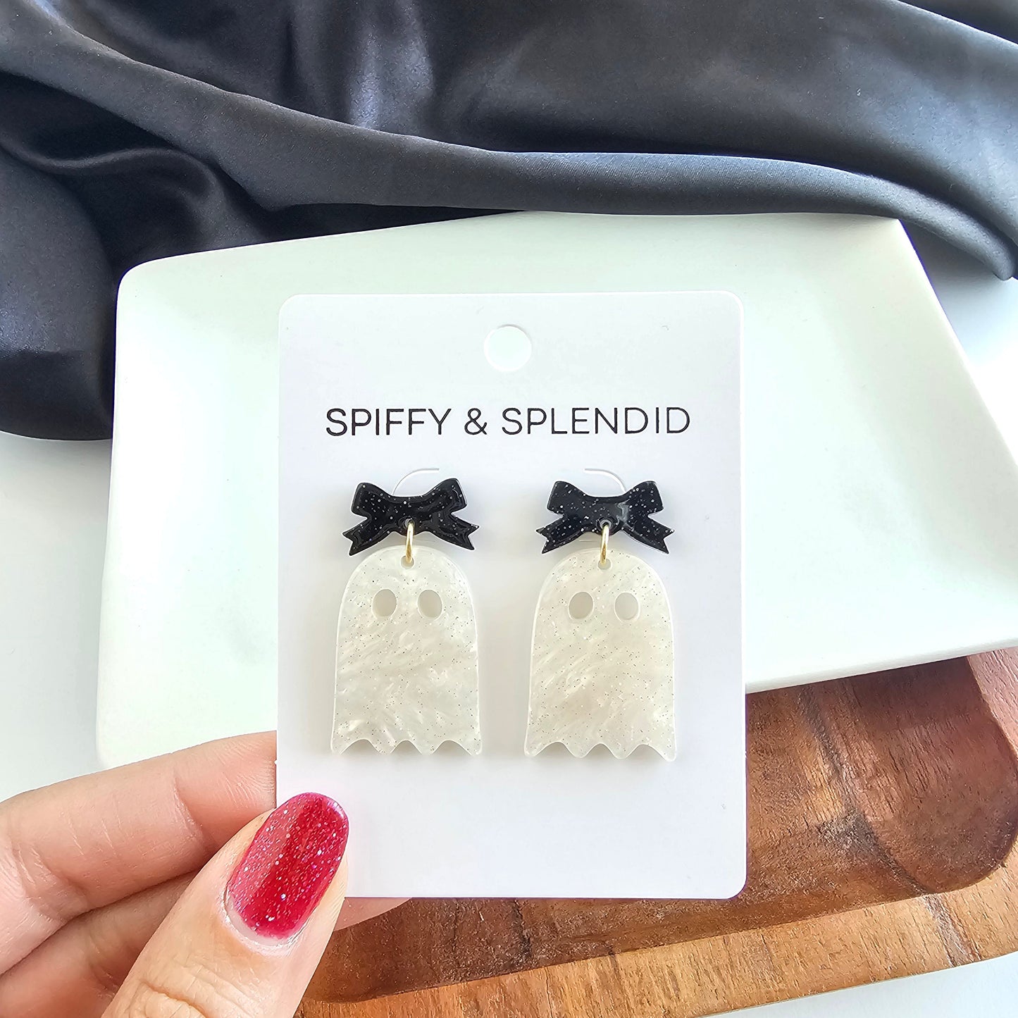 Bow Ghost Earrings - White Shimmer