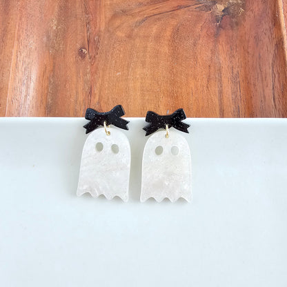 Bow Ghost Earrings - White Shimmer