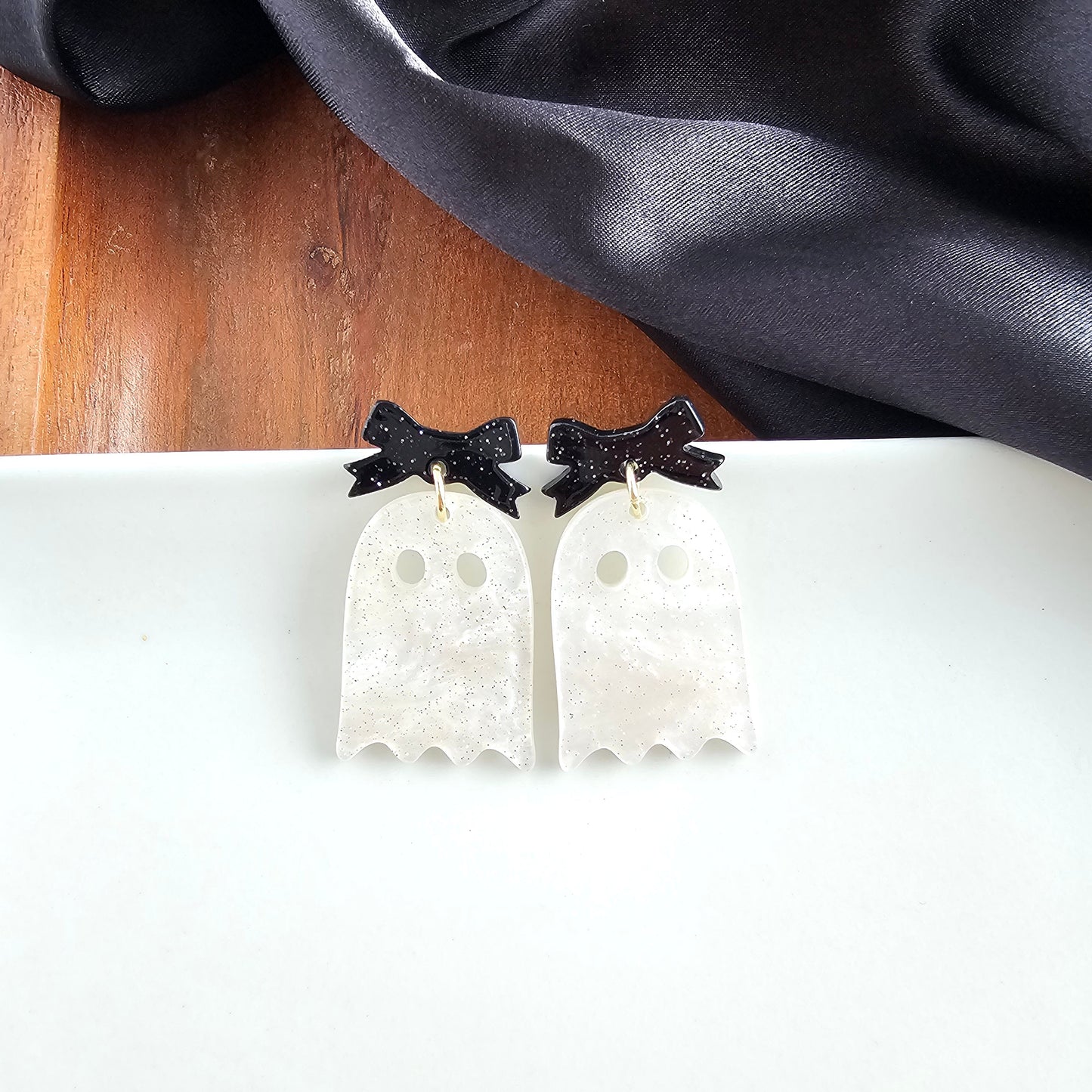 Bow Ghost Earrings - White Shimmer
