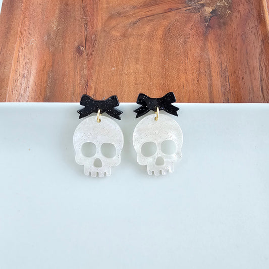 Bow Skeleton Earrings - White Shimmer