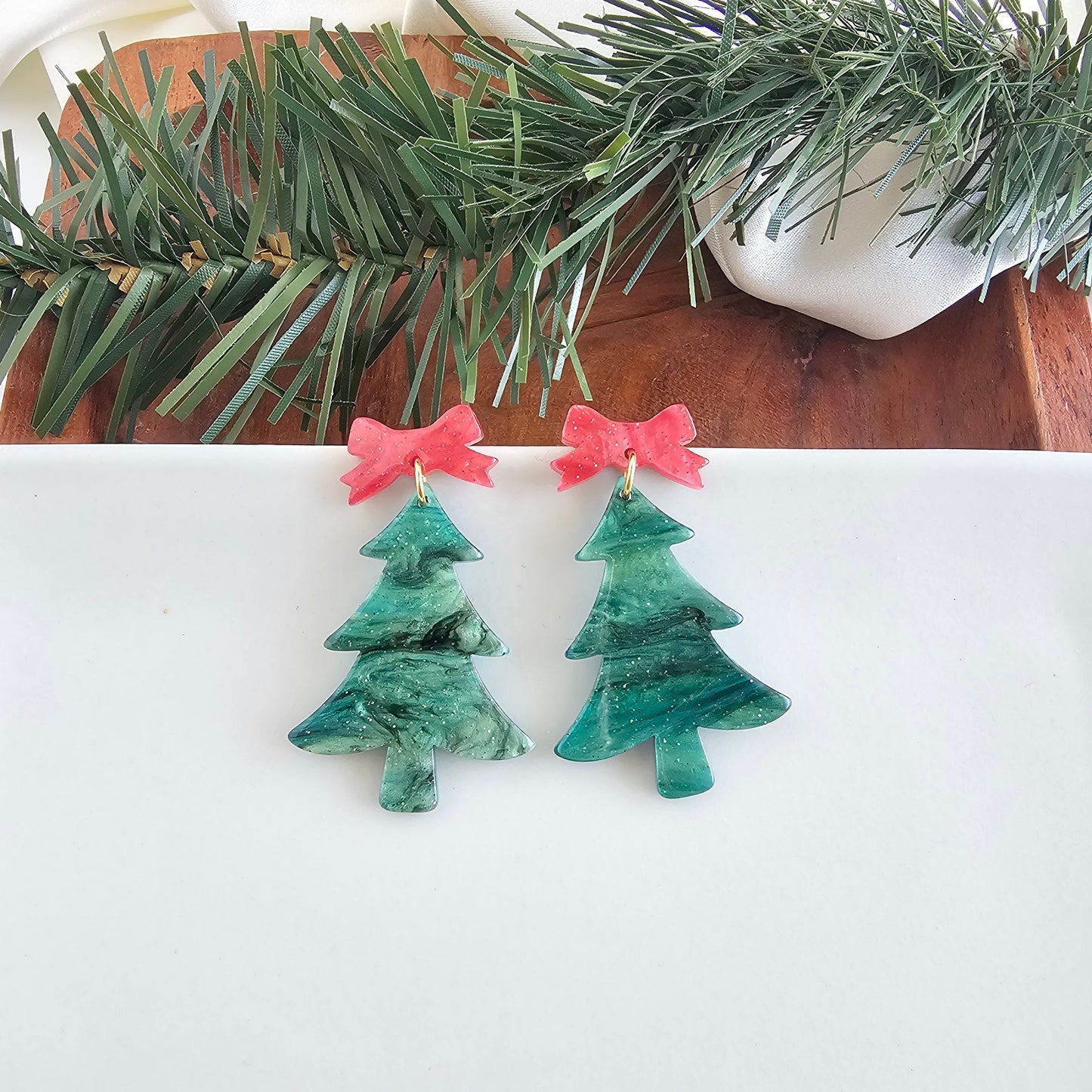 Bow Christmas Tree Earrings - Green Shimmer