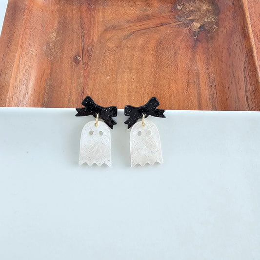 Mini Bow Ghost Earrings - White Shimmer